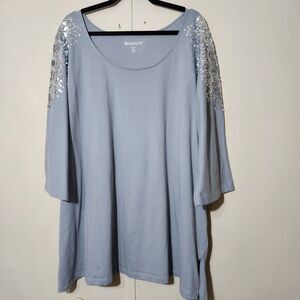 Roamans Womens Shirt 3XL 30/32 Grey Sequin Pullover Tunic Blouse Top